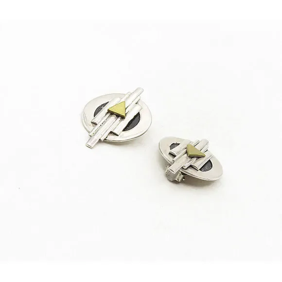 MEXICO 925 Silver Vintage Two Tone Modernist Non Pierce Earrings EG4786